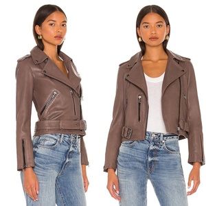 All Saints Women's Leather Moto Jacket in Taupe Brown